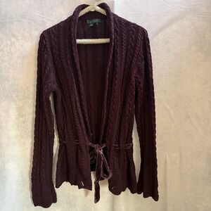 Lauren Ralph Lauren Y2K XL Burgundy Cable Knit Cardigan w/ Velvet Tie Belt
